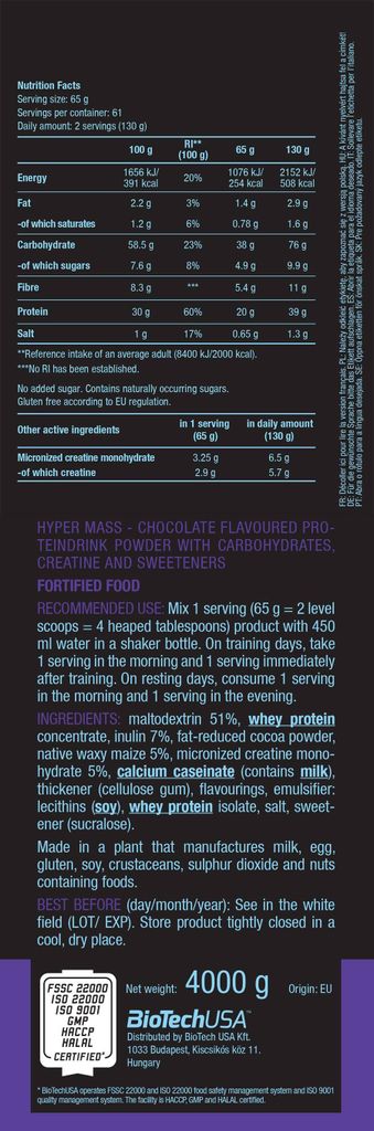 Gainers - Biotech USA - Hyper mass (4kg) - Saveur Chocolat Image du produit 
