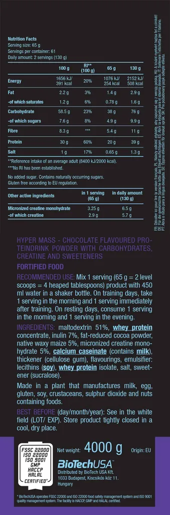 Gainer musculation Hyper Mass BioTech USA 4kg goût chocolat