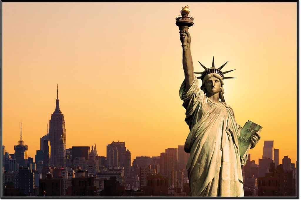 Wallario Wandbild Freiheitsstatue New York, Größe: 61 x 91,50 cm, Poster mit schwarzem Aluminiumrahmen