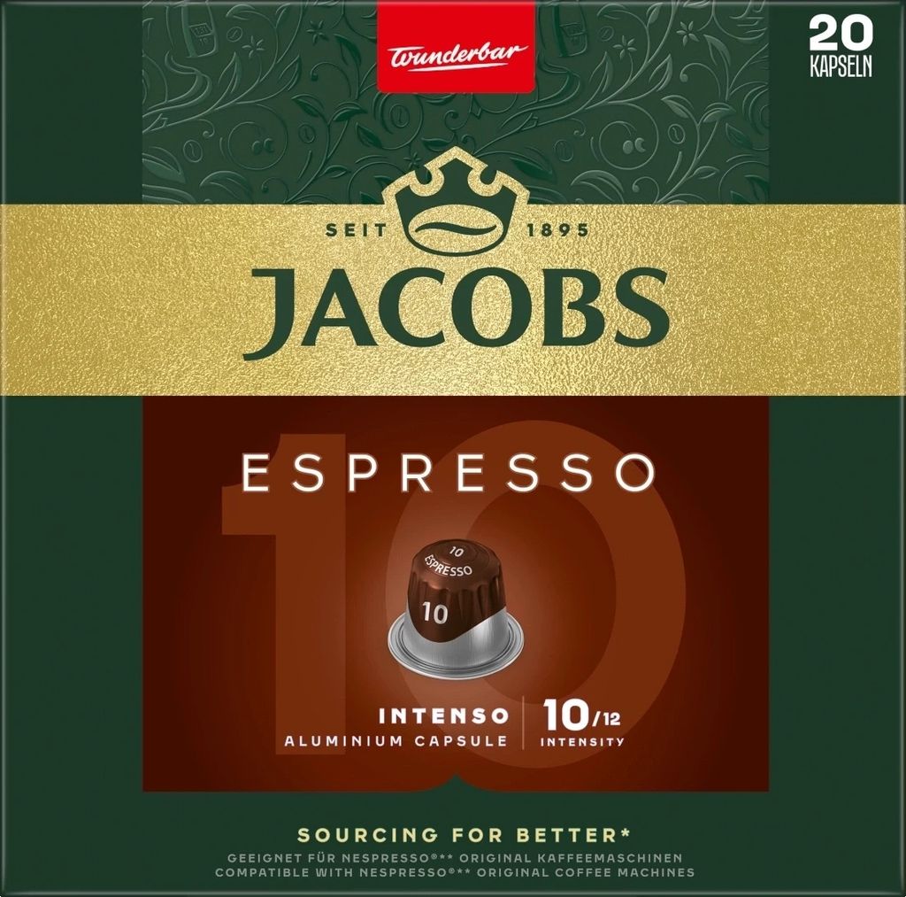 The image shows the packaging of Jacobs Espresso Intenso coffee capsules.