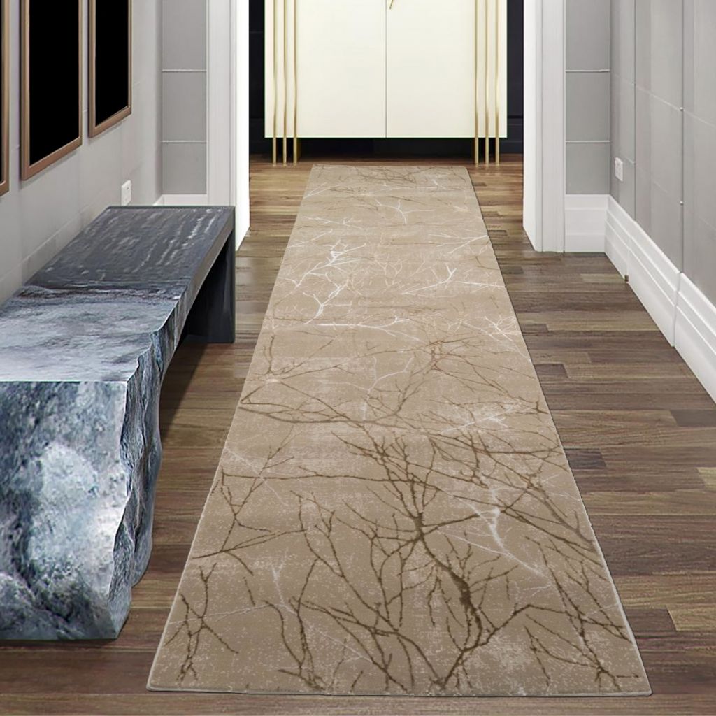 Designer Teppich mit abstraktem glänzenden Ästemuster beige Größe - 80 x 300 cm