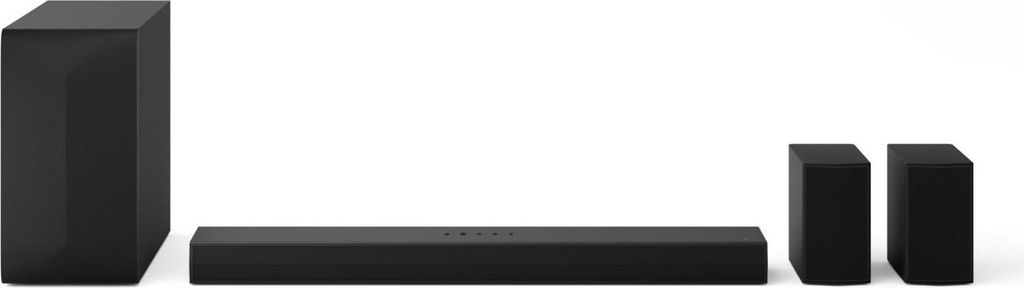 A black soundbar system with a subwoofer and two satellite speakers, arranged on a white background.