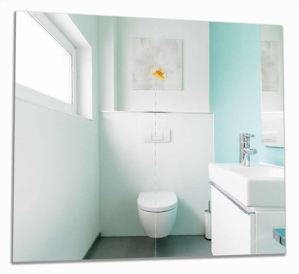 Wallario Herdabdeckplatte aus Glas, Größe 60 x 52 cm 2-teilig, Motiv Badezimmer Gästetoilette Innenansicht - WC und Waschbecken