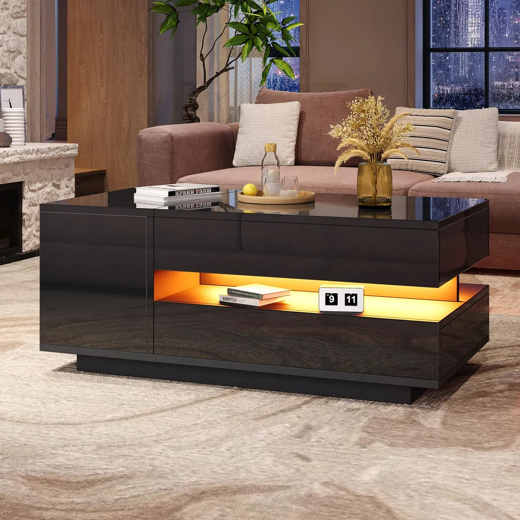 Table Basse Haute Brillance Relevable avec LED et Coffre de Rangement - 3