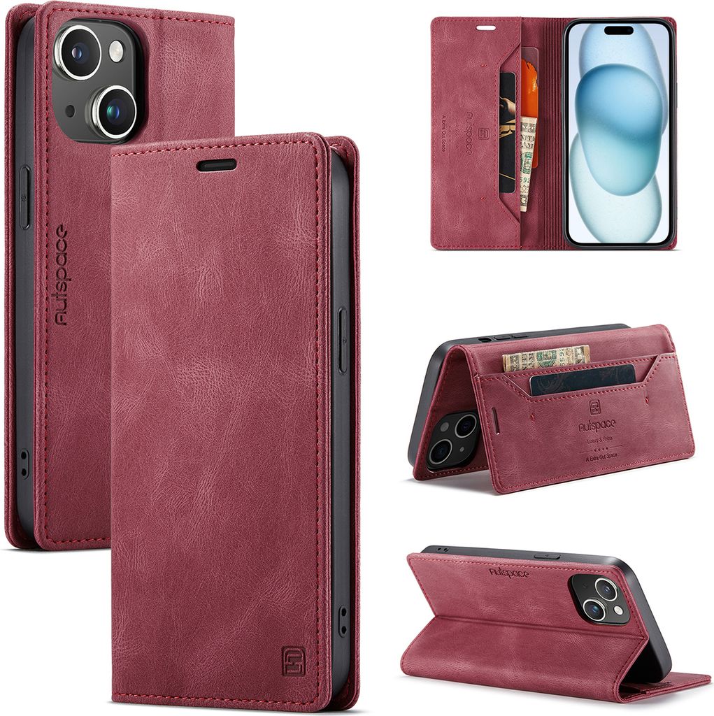 iPhone 15 Plus Brieftasche Hülle, Retro Kunstledertasche Stand Schutzhülle für iPhone 15 Plus Rot