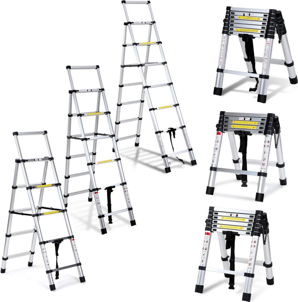 TolleTour Teleskopleiter Alu Leichtgewicht Rutschfester 1,7m+2,0m Silber Multifunktionsleiter Mehrzweckleiter Ausziehbare Leiter 15 Stufe Stehleite...