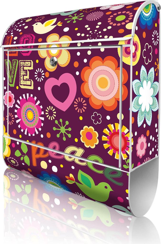 banjado Design Briefkasten Stahl weiß mit Zeitungsfach pulverbeschichtet "Love and Peace" 38x46x12,5cm & 2 Schlüssel - Postkasten A4 Einwurf inkl...