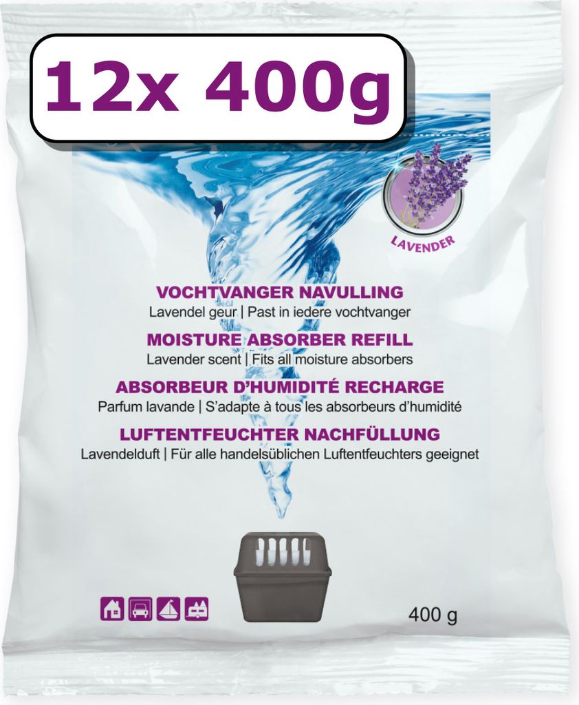 12x Luftentfeuchter Nachfüllung - 400 Gramm - lavendelduft - Granulat im Vliesbeutel - Feuchtigkeit Absorber Nachfüllpack