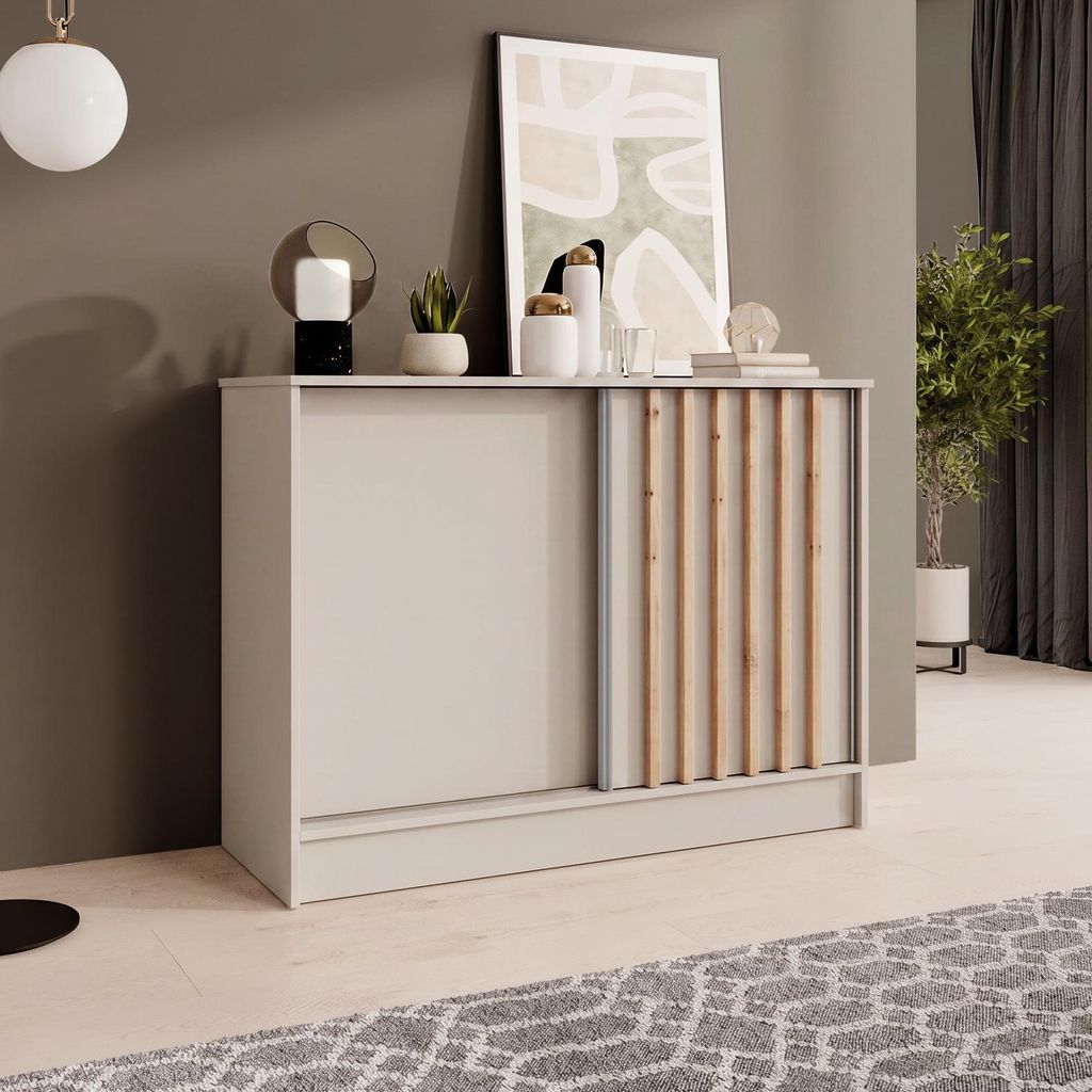 BEAUTYSOFA | Kommode HORIZON 100 cm Kaschmir, Artisan mit Lamellen Sideboard mit 2 Schiebetüren, Modernes Design, viel Stauraum