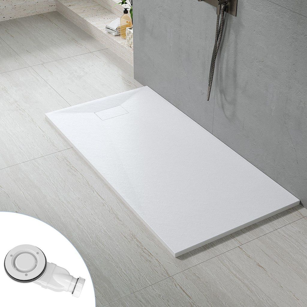 160x80cm Rechteckig Extraflach Duschwanne SMC Weiß Steinoptik Duschtasse mit Ablaufgarnitur, zuschneidbar für Duschkabine & Duschwand