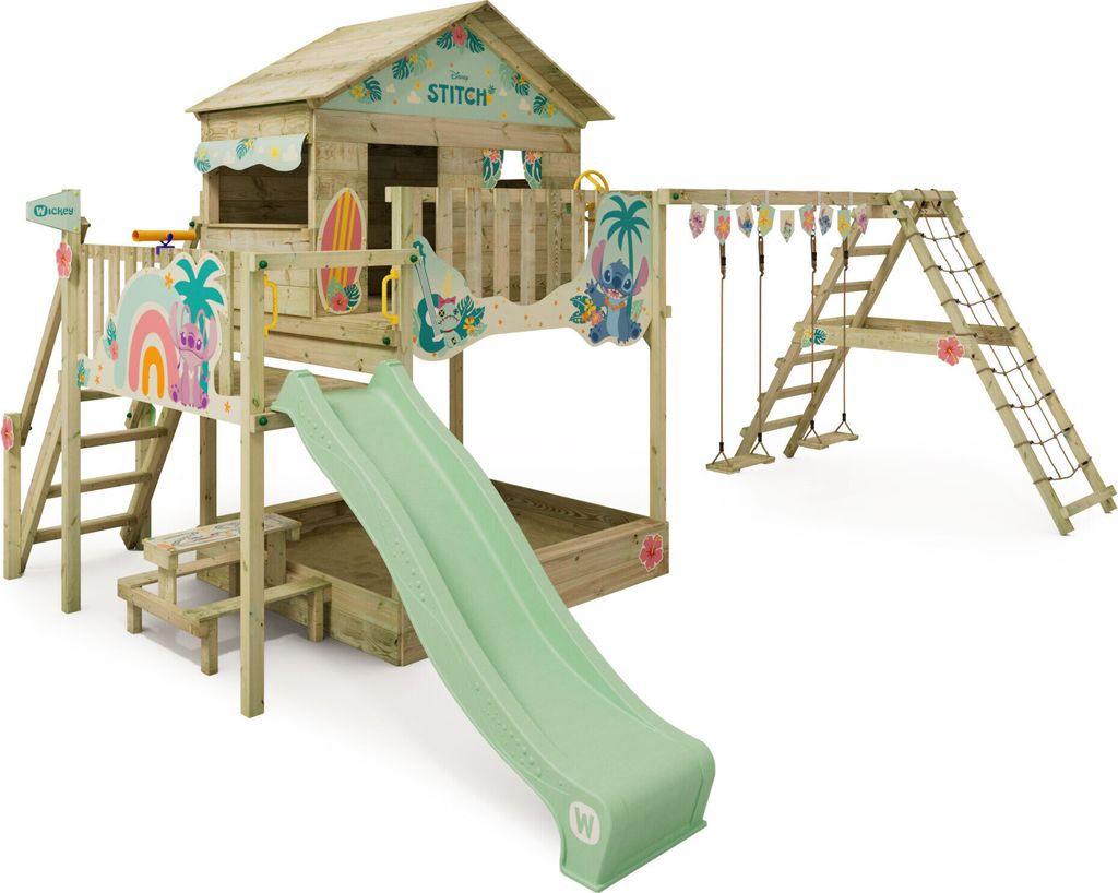 WICKEY Spielturm Disney Stitch Saga mit Schaukel & Rutsche, Stelzenhaus mit Sandkasten, Kletterleiter & Spiel-Zubehör