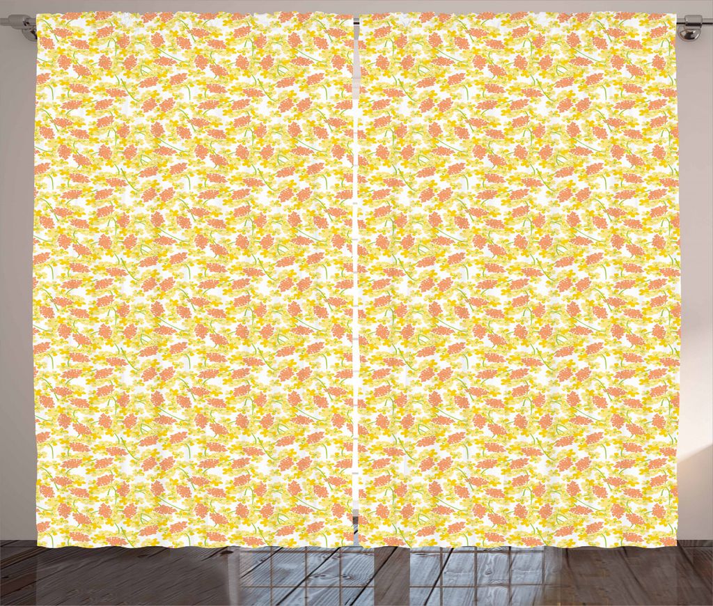 ABAKUHAUS Bunt Rustikaler Gardine, Strelitzia Silhouetten, Schlafzimmer Kräuselband Vorhang mit Schlaufen und Haken, 280 x 245 cm, Coral Gelb und ...