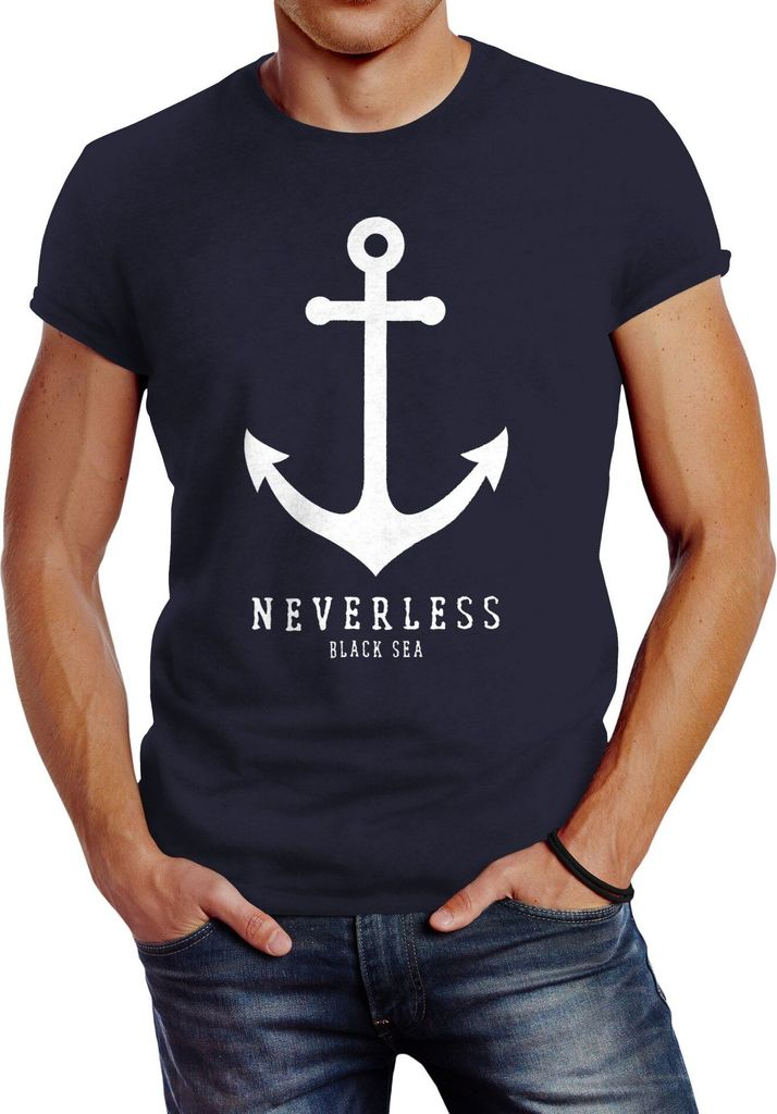 Herren T-Shirt Anker Nautical Sailor Segeln Slim Fit Neverless navy S