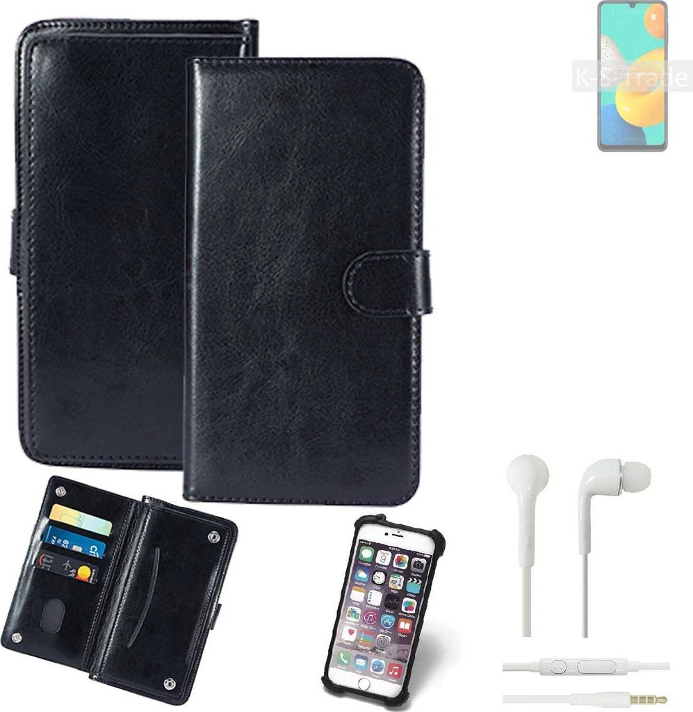 K-S-Trade 360° Hülle kompatibel mit Samsung Galaxy M32 inkl. Headphones schwarz Kunstleder Case BookCase WalletCase Kunstlederederhülle