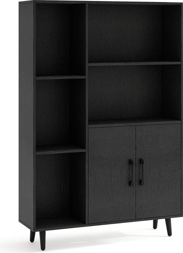 Schwarzes Bücherregal mit Türen und offenen Regalböden, 5-stufige Aufbewahrung