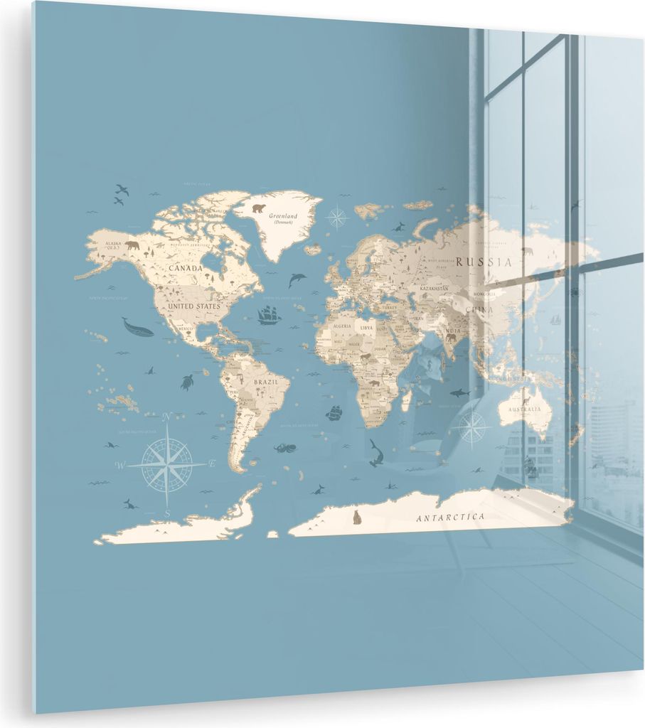 MuchoWow Glasbilder - Bilder auf Wandbild - Foto auf Glas Weltkarte - Ozean - Realistisch - Blau 90x90 cm Wanddekoration aus Glas - Acrylglasbild -...