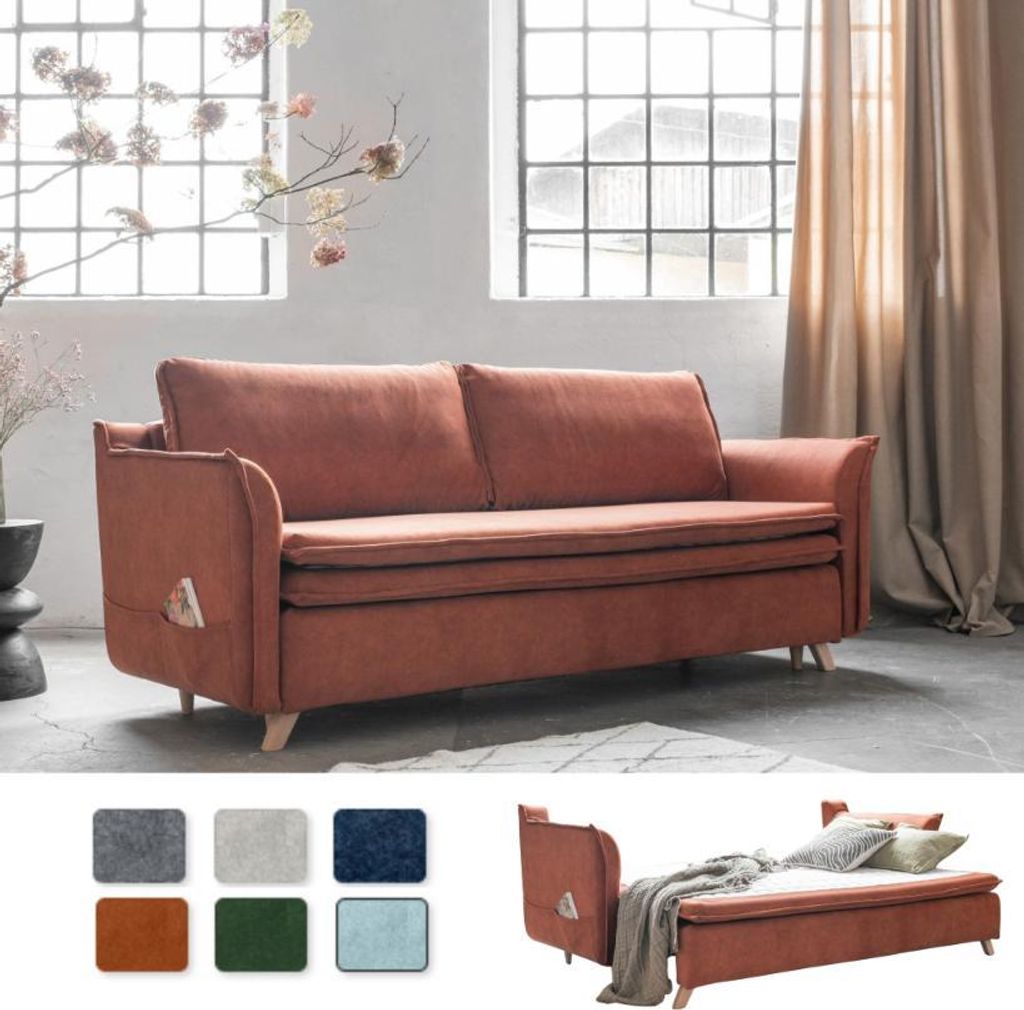 MIUFORM Charming Charlie Slim - Sofa mit Bettfunktion und Bettkasten - 225x90cm - Ziegelrot - 3-Sitzer Schlafsofa