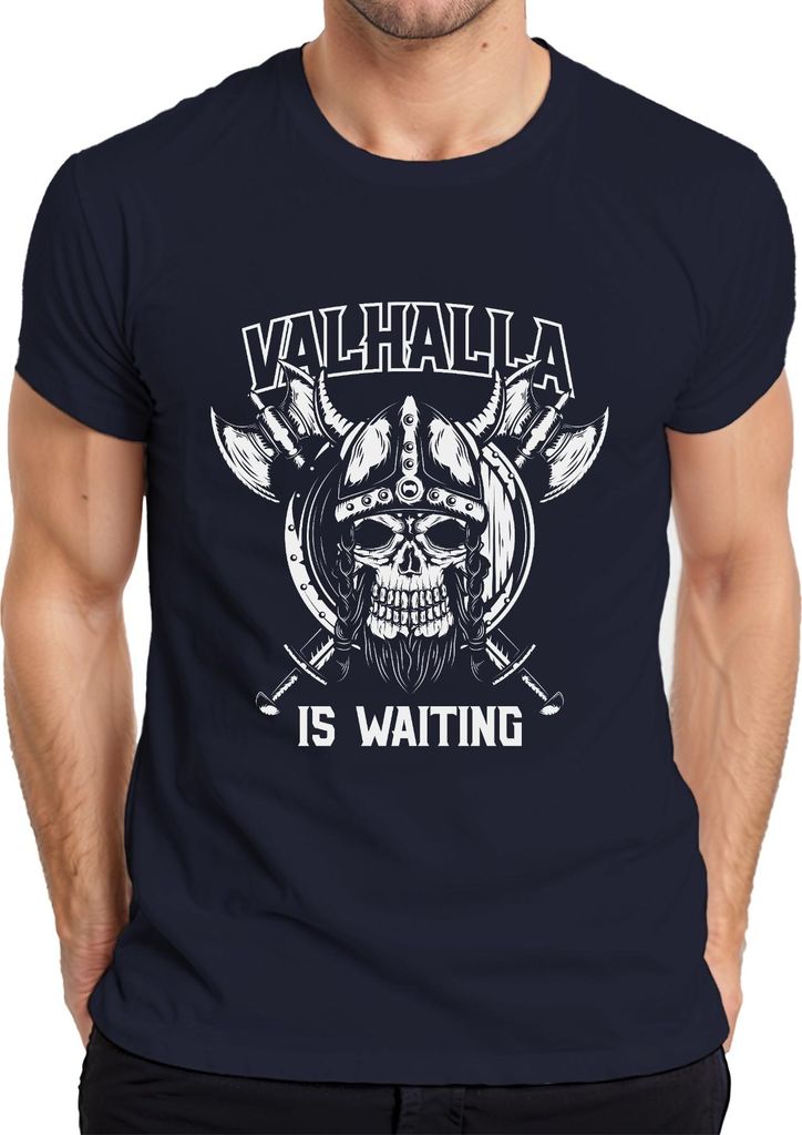 Valhalla is Waiting Wikinger Schädel Axt Schild Odin Runen Asgard Herren T-Shirt, Navy, 3XL