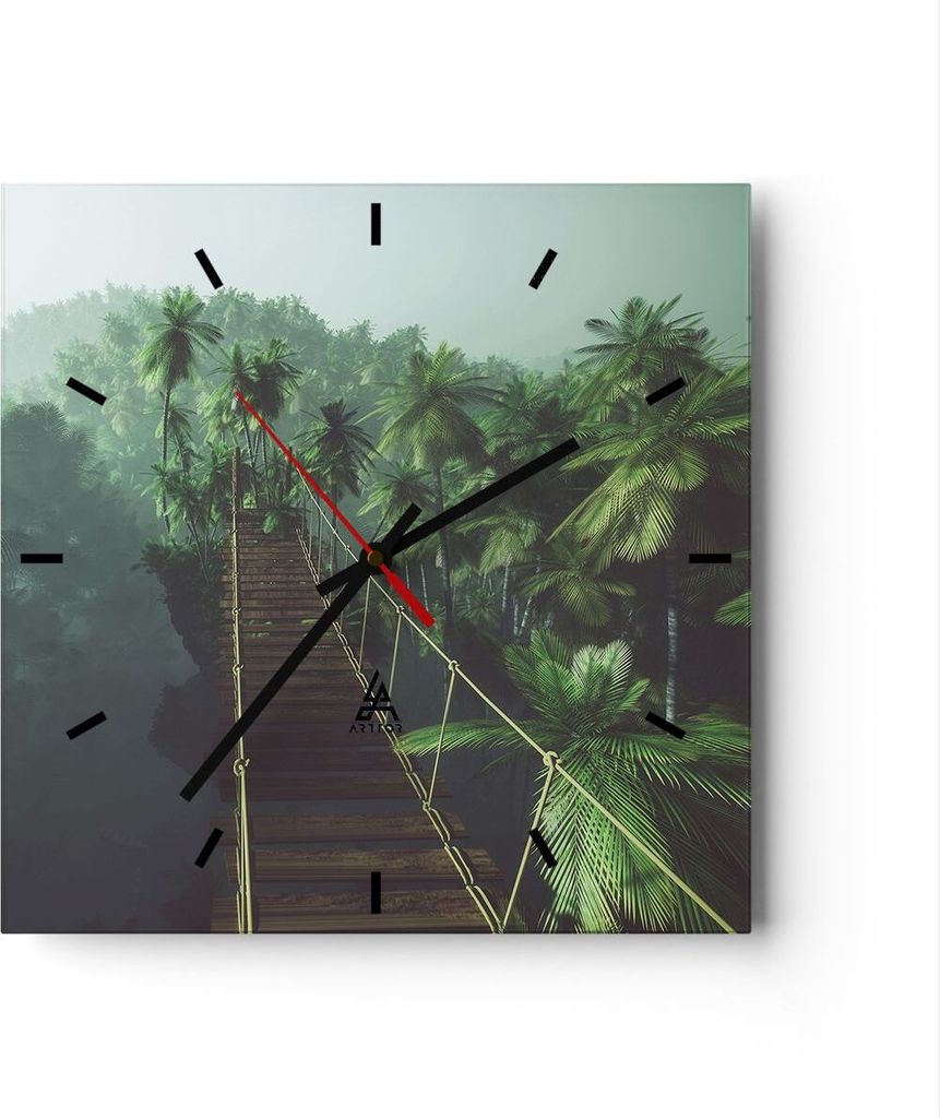 Wanduhr - Quadrat - Glasuhr - Dschungel Palme Brücke - 30x30cm - Schleichendes Uhrwerk - Lautlos - zum Aufhängen bereit - Dekoration Modern - Wan...