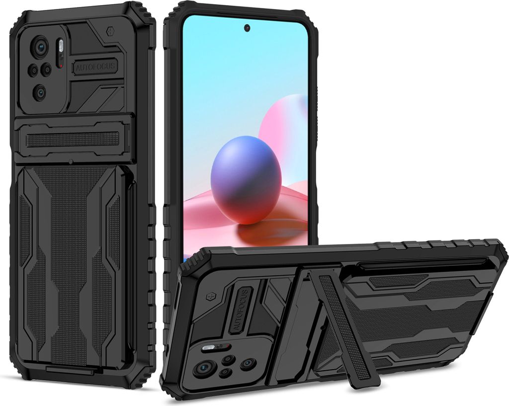 Redmi Note 10 4G Hülle, Hybrid Robust Schutz Stoßfest Schutzhülle mit Kartenhalter Ständer für Xiaomi Redmi Note 10 4G / Note 10S Schwarz