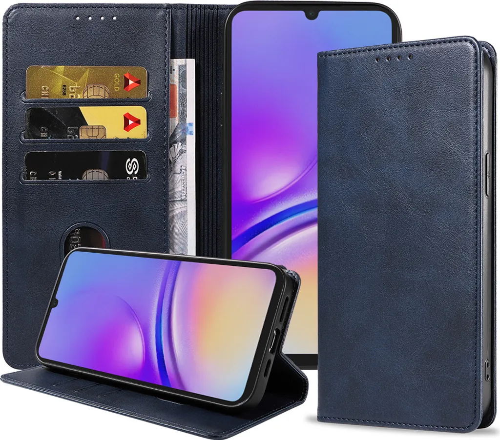 Smartphonica Custodia per telefono adatta a Samsung Galaxy A05 in con chiusura magnetica e portacarte a libro con patta - Blu