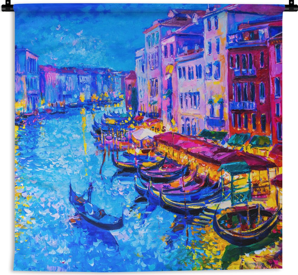 MuchoWow Wandteppich Wandbehang Malerei - Italien - Boot - Wasser - Architektur 90x90 cm Tapisserie Dekoration Wandtuch - Wandaufhänger