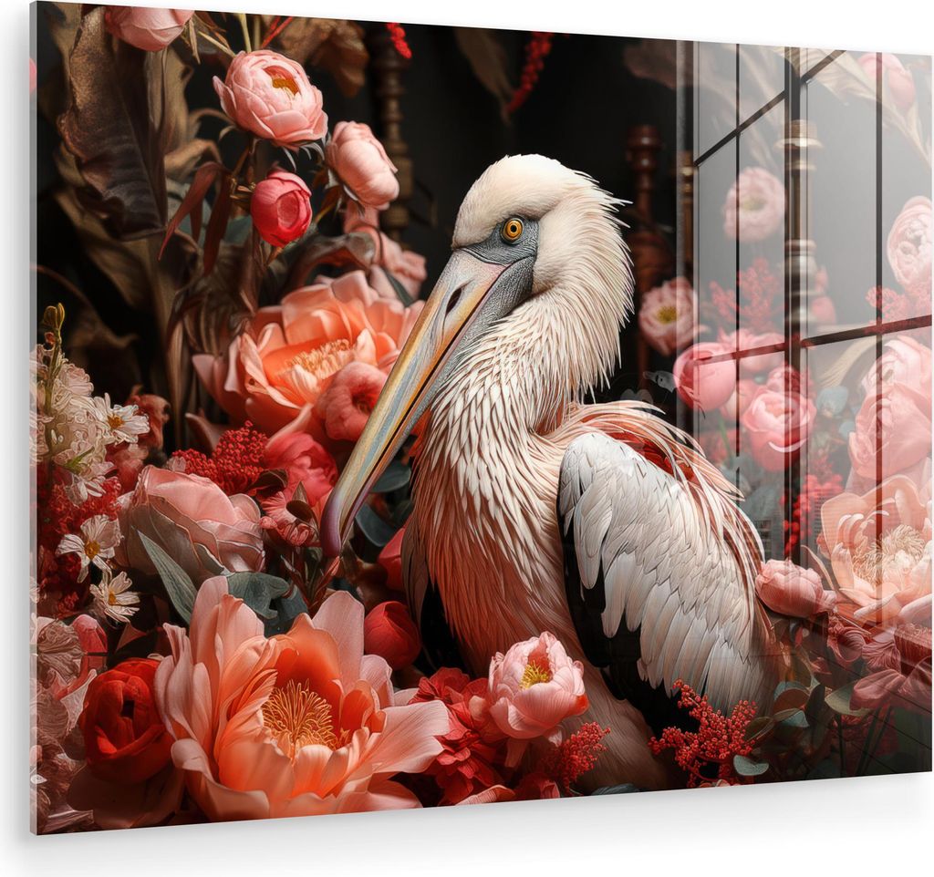 MuchoWow Glasbilder - Bilder auf Wandbild - Foto auf Glas Pelikan - Tier - Blumen - Natur - Botanisch - Rosa 80x60 cm Wanddekoration aus Glas - Acr...