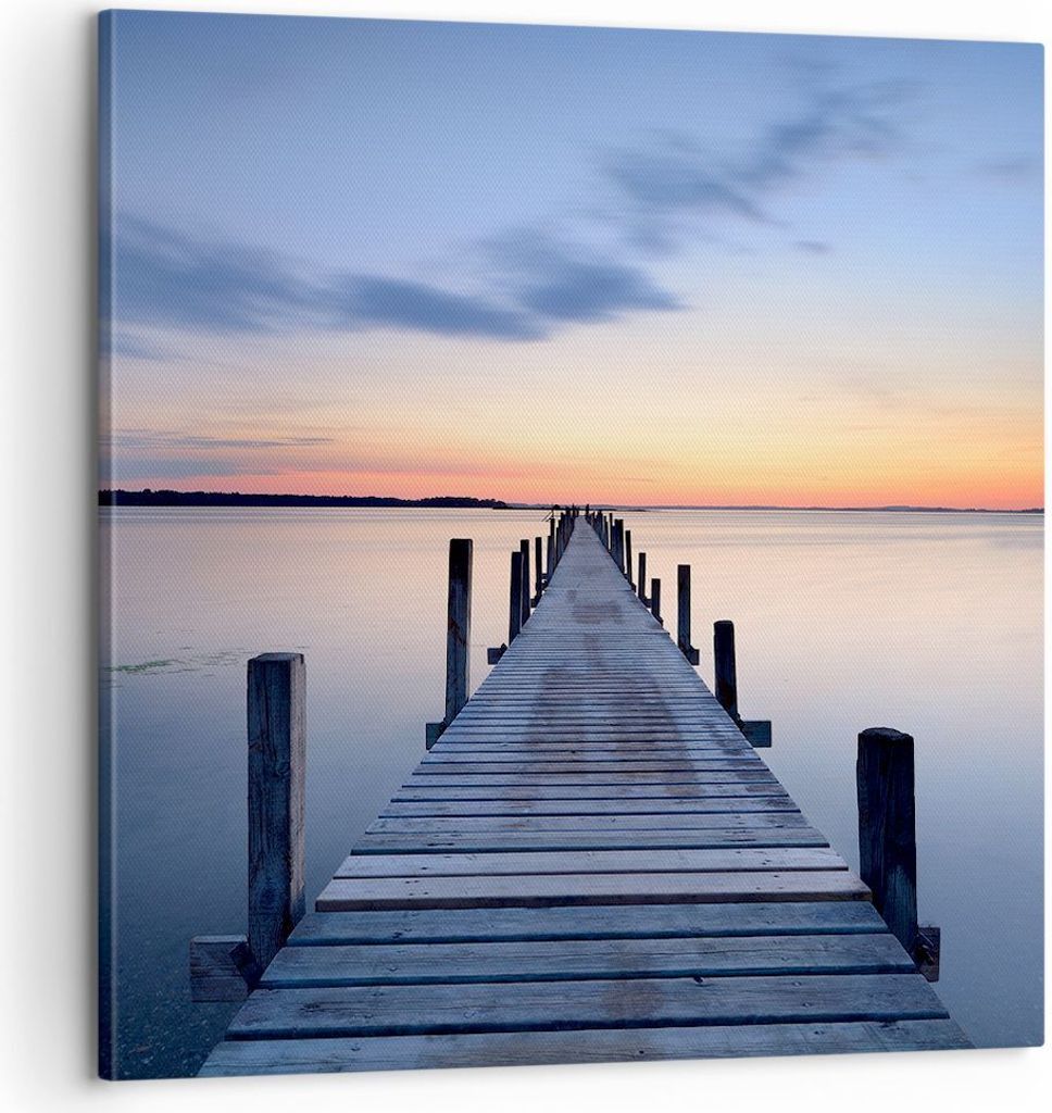 Bild auf Leinwand - Leinwandbild - Sonnenuntergang See Wasser Brücke - 60x60cm - Wand Bild - Wanddeko - Leinwanddruck - Bilder - Kunstdruck - Lein...