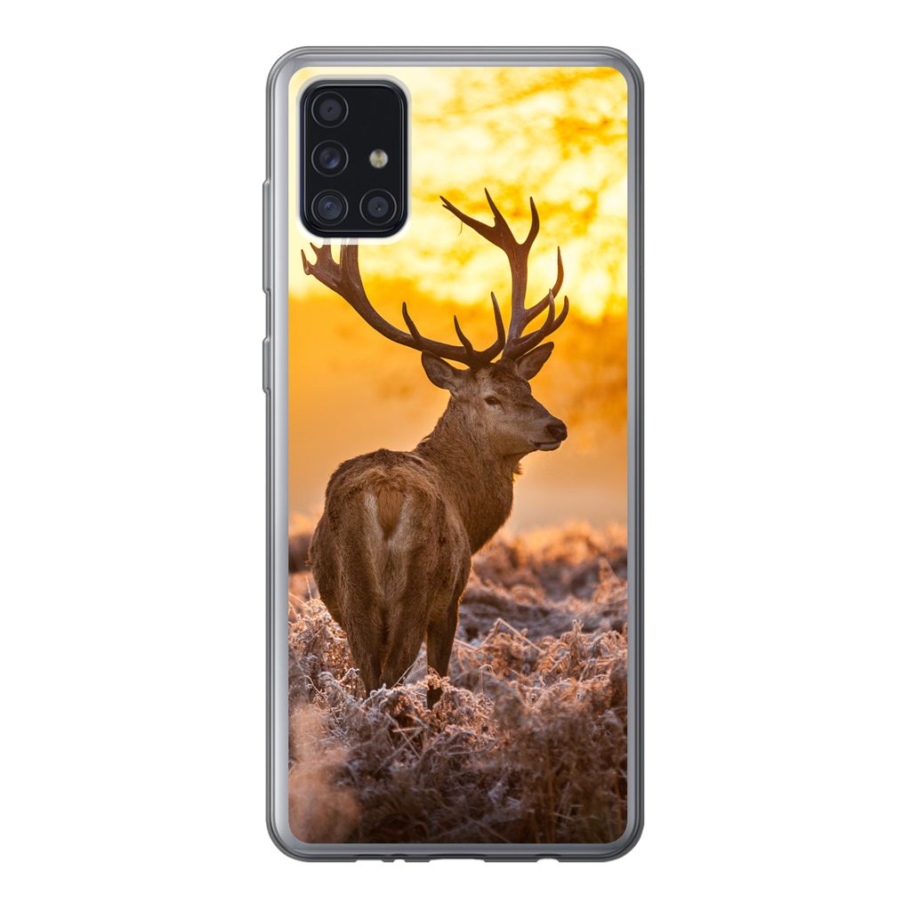MuchoWow Handyhülle Schutzhülle Hülle für Samsung Galaxy A52 5G Hirsche - Tiere - Sonnenuntergang - Winter - Heidekraut - Natur Silikon Softc...