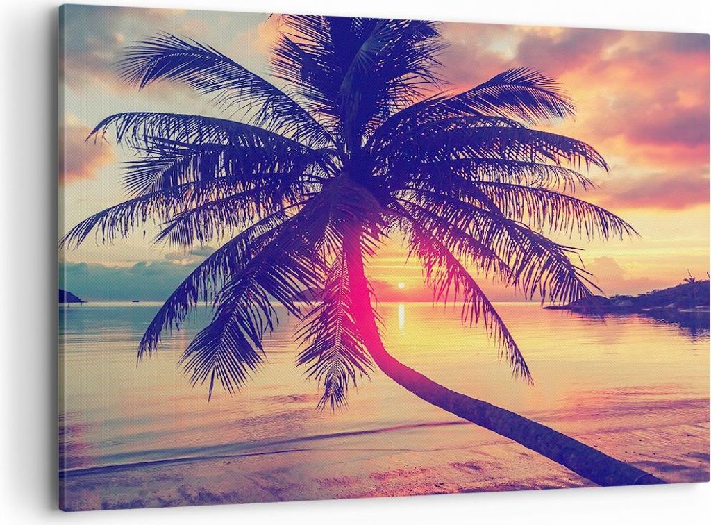 Bild auf Leinwand - Leinwandbild - Meer Strand Palme - 100x70cm - Wand Bild - Wanddeko - Wandbilder - Leinwanddruck - Bilder - Kunstdruck - Wanddek...