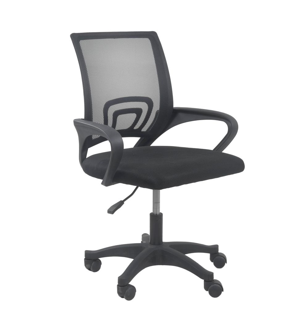A black office chair with a mesh back and fabric seat is shown against a white background.