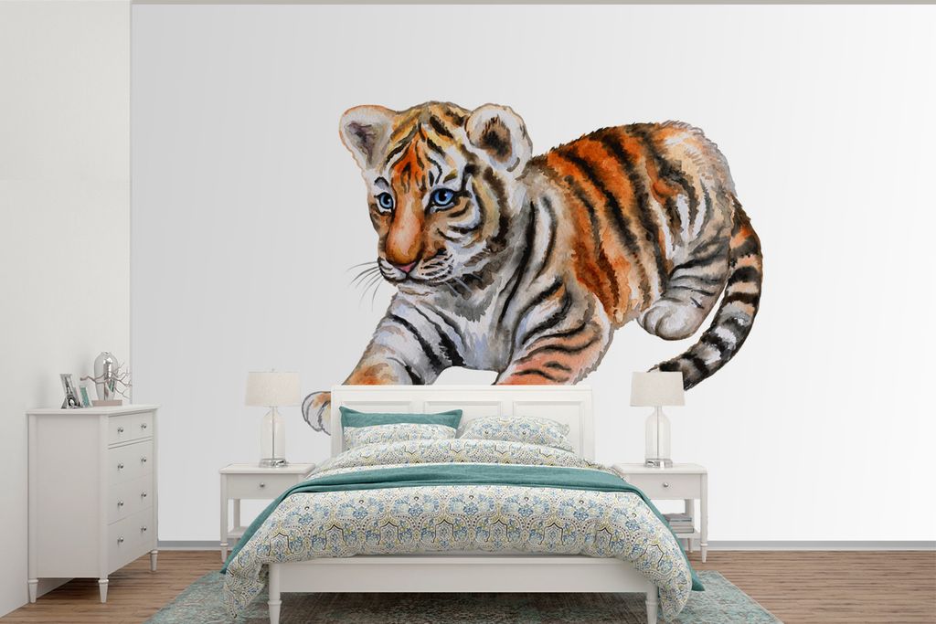 MuchoWow Fototapete für Wohnzimmer oder Schlafzimmer Wandtapete Vinyl Motivtapete Tiger - Baby - Weiß - 600x400 cm - Vinyltapeten
