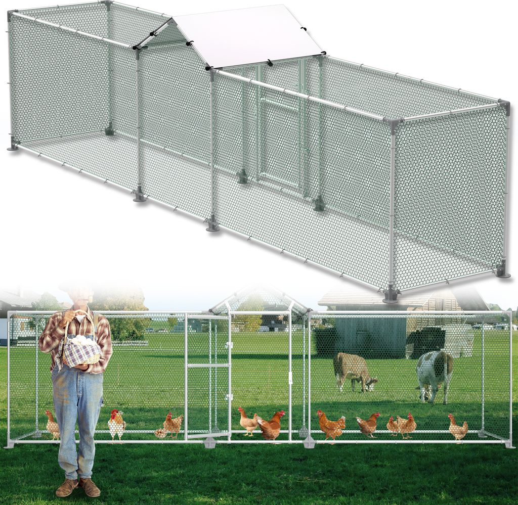 A collage showing a large chicken coop and a man with chickens in a smaller coop.