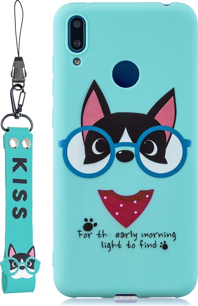 Für HUAWEI Y7 2019 Cute Coloured Painted TPU Anti-Scratch Anti-Slip Schutzhülle Rückseite Gehäuse mit Lanyard Light blau