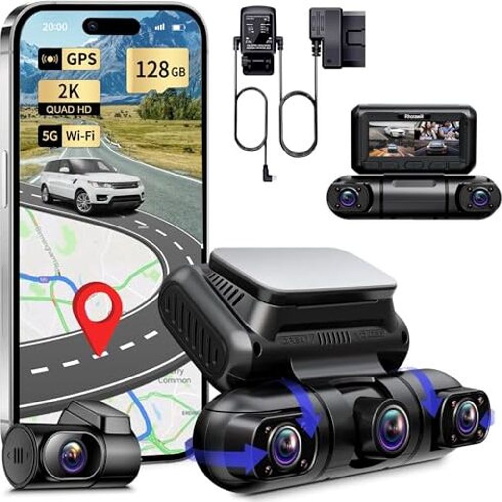 Rhorawill 4 Kanal Dash Cam Car 5G WiFi, 360 ° Rotatable vorne hinten innere linke rechte Note, Radarbewegungserkennung Dashcams, GPS, Nachtsicht, ...