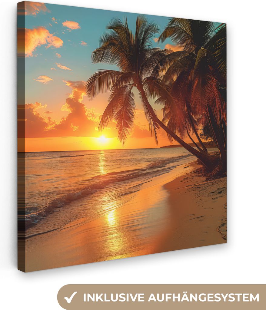 MuchoWow - Leinwandbilder - Sonnenuntergang - Strand - Palmen - Meer - Sonne, Wandbild, Wanddeko Bilder Wohnzimmer, 20x20 cm