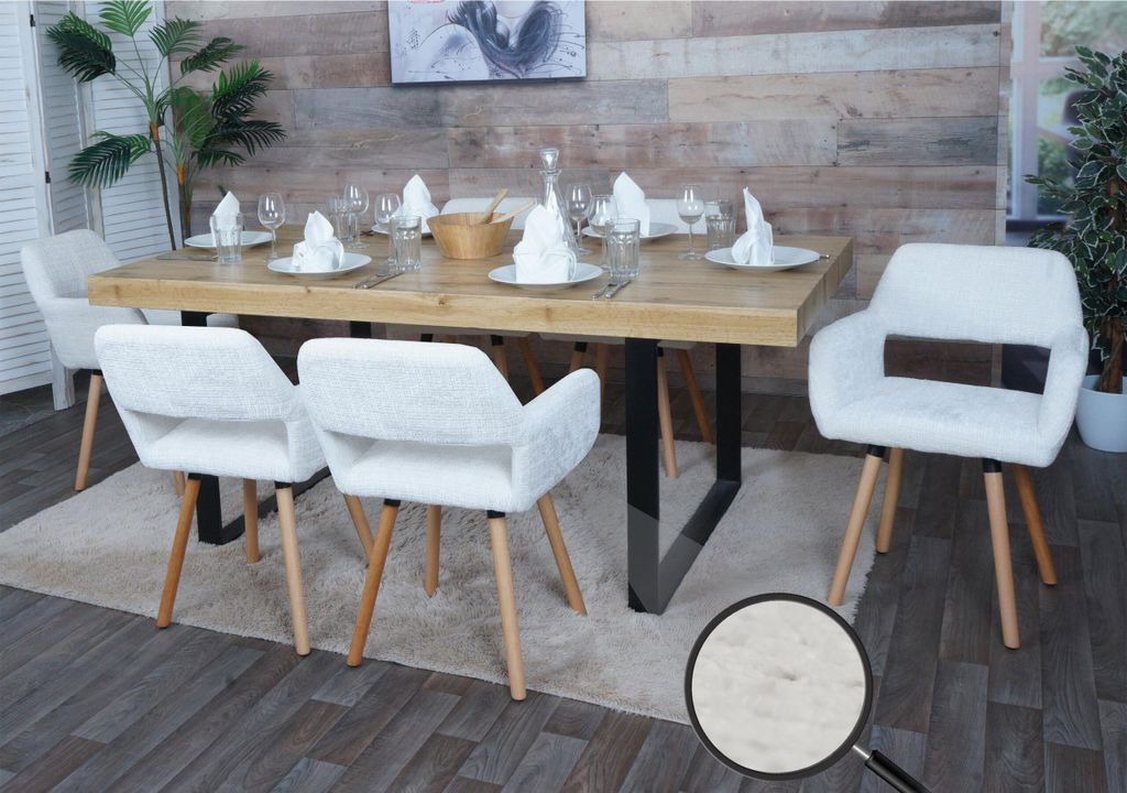6er-Set Esszimmerstuhl HWC-A50 II, Küchenstuhl Polsterstuhl, Holz Stoff/Textil Chenille (465g/m²) creme