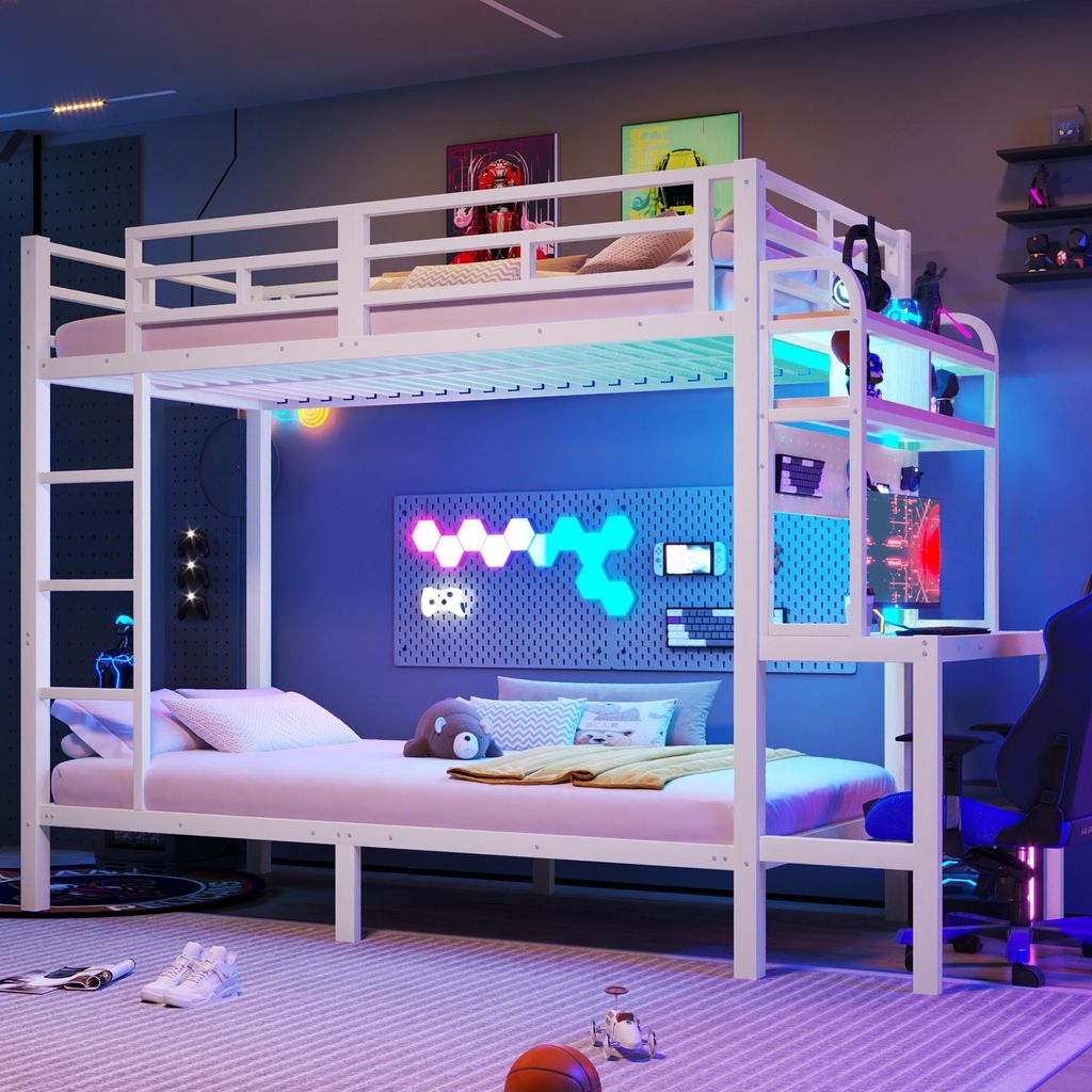 Merax Etagenbett 90x200 cm, mit Schreibtisch, LED & USB, Sicherheitsgeländer, Leiter, Bücherregal, Kinderbett, Jugendbett, Metall Stockbett, Weiß