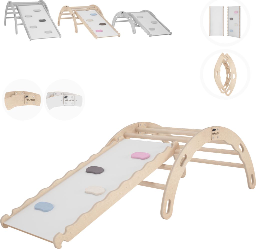 Kletterbogen mit rutsche, Kletterdreieck, Baby klettern, Regenbogenwippe aus holz, Holzbogen für Kinder, Rutschbrett für spielplatz, Klettergerü...