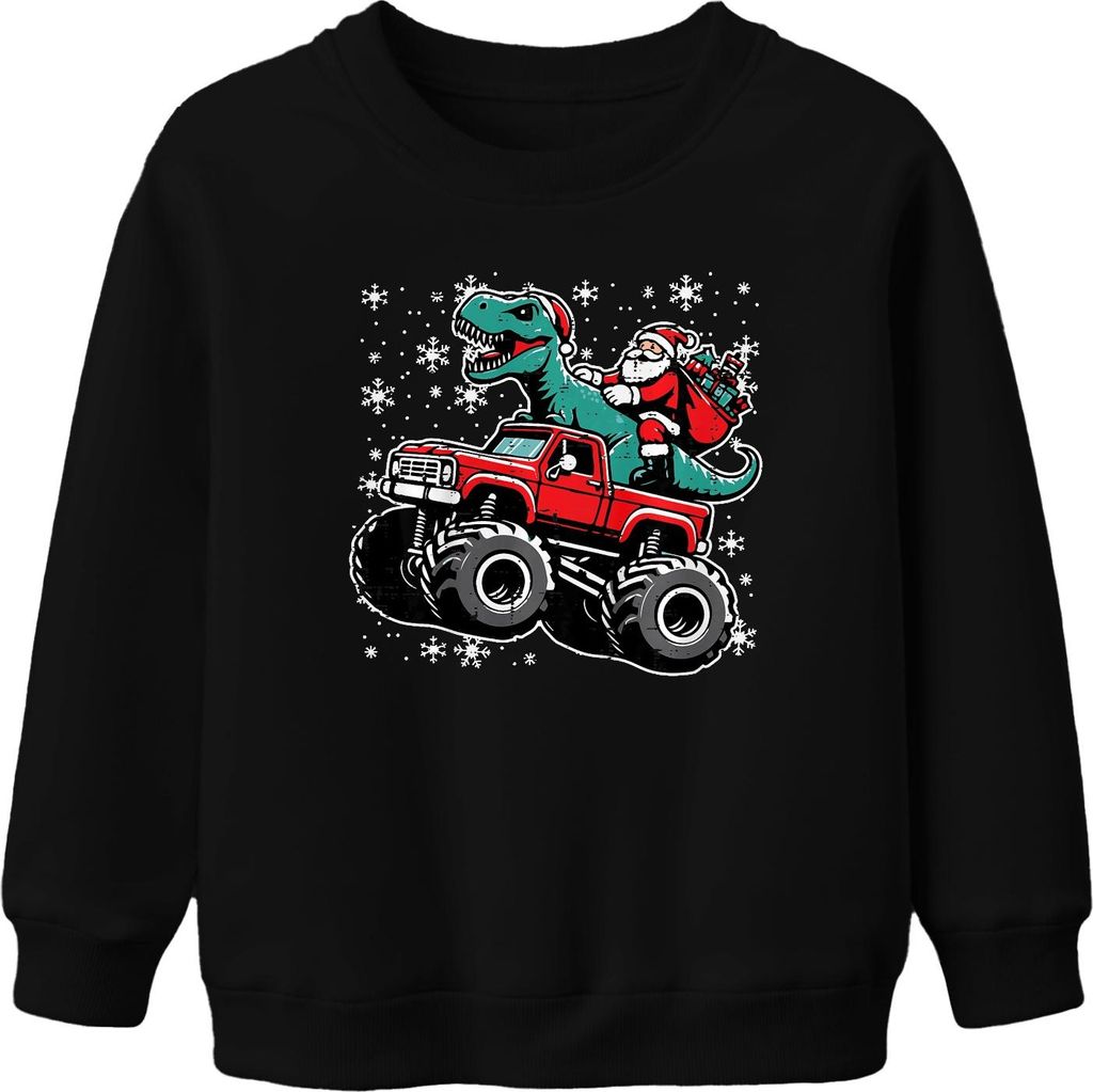 TRex Weihnachtsmann Monster Truck Schnee Geschenk Retro Uni Kinder Sweatshirt Pullover, Schwarz, 104