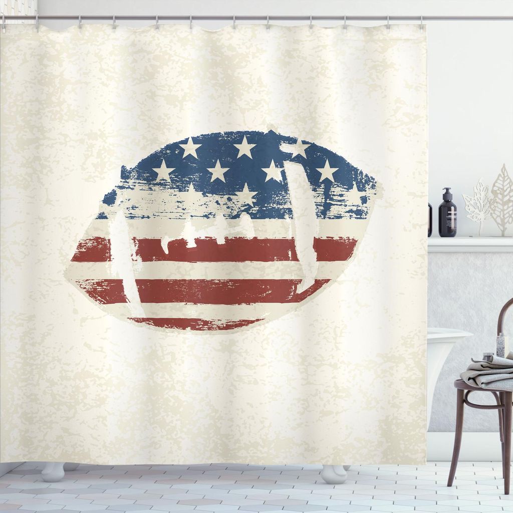 ABAKUHAUS Sport Duschvorhang, Schmutz Amerikanische Flagge Themad Genähtes Rugby Ball Vintage Design Fußball Thema, 175 x 180 cm, Creme Blau Rot