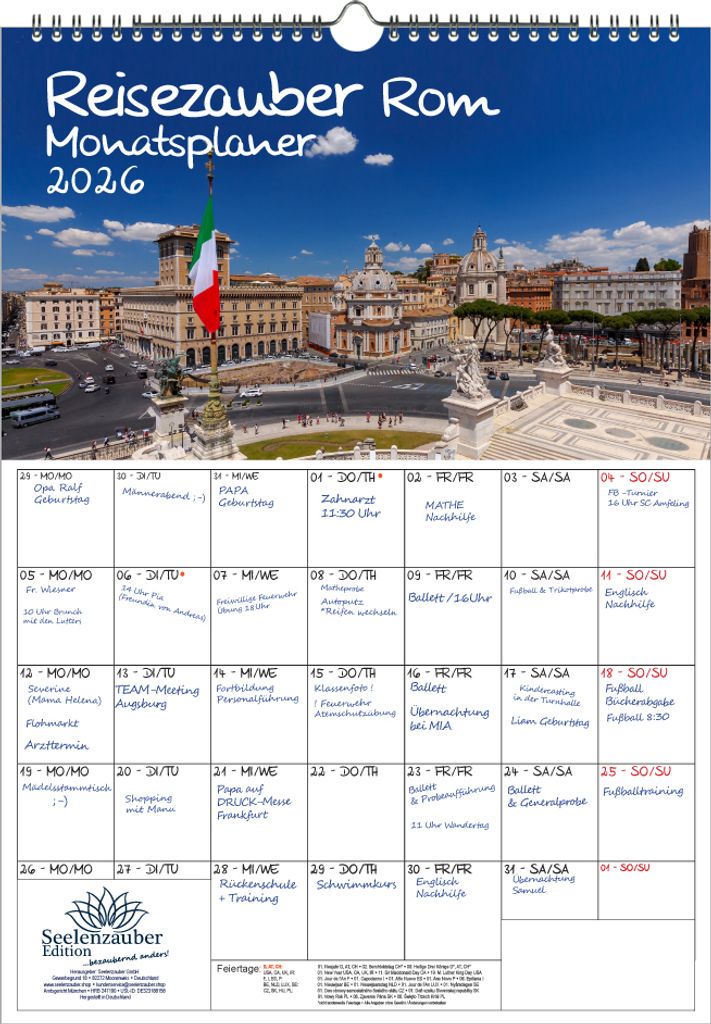 Reisezauber Rom Planer DIN A3 Kalender für 2026 Urlaub Mediterran Italien - Seelenzauber