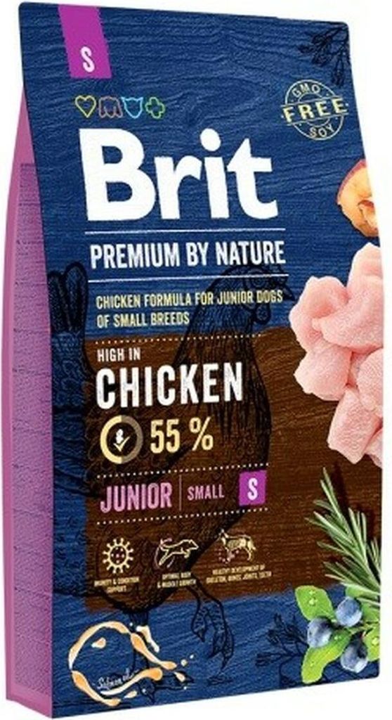 A bag of Brit Premium By Nature dog food for junior small breed dogs.
