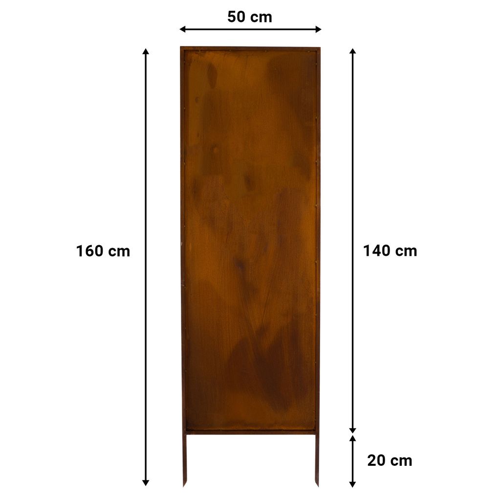 A metal garden screen with a rust-like finish, shown with dimensions indicated.