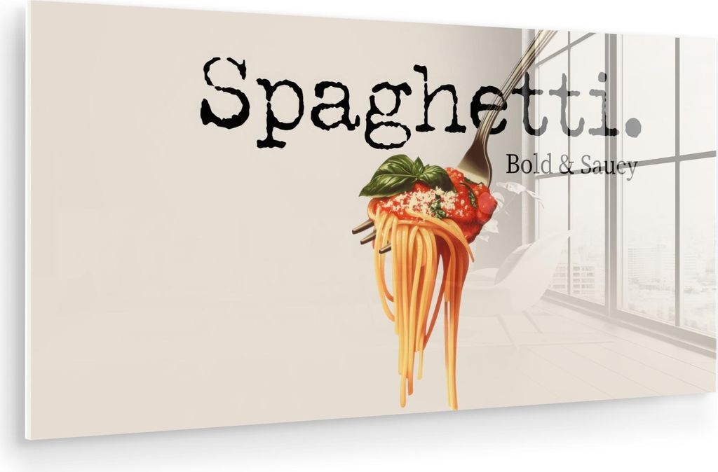 MuchoWow Glasbilder - Bilder auf Wandbild - Foto auf Glas Spaghetti - Tomatensauce - Parmesankäse 40x20 cm Wanddekoration aus Glas - Acrylglasbild...