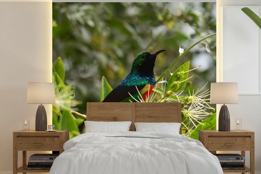 MuchoWow Fototapete für Wohnzimmer oder Schlafzimmer Wandtapete Vinyl Motivtapete Vogel zwischen den Blättern im Dschungel - 240x240 cm - Schla...