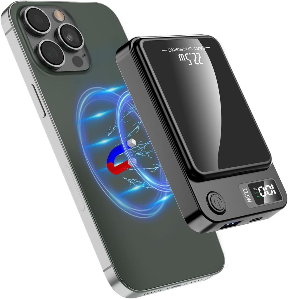 A wireless power bank is shown magnetically attached to the back of a smartphone, with a visual representation of magnetic charging.