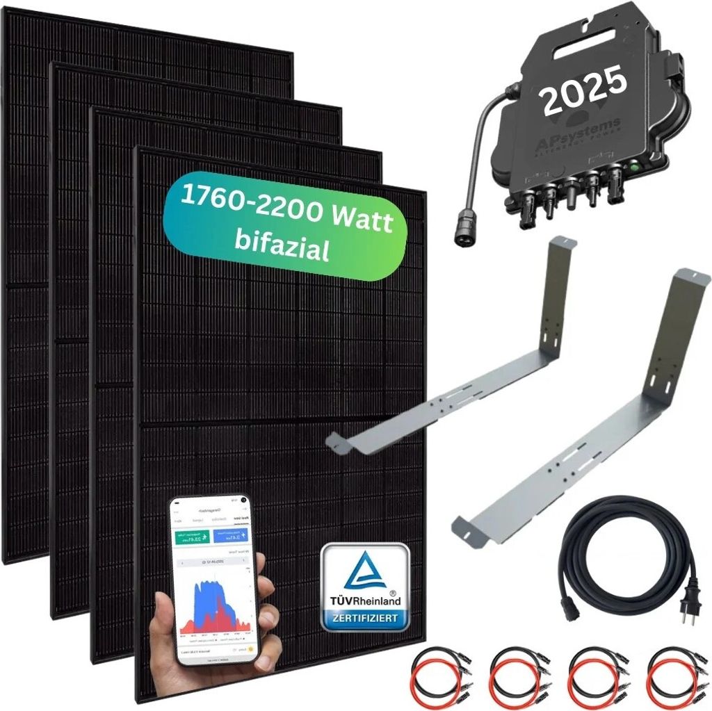 MYVOLTAICS Balkonkraftwerk MyCarport 1760+ Watt, bifazial, Hoymiles Wechselrichter WLAN 800 Watt, Steckerfertig - einstecken. fertig. - 10m