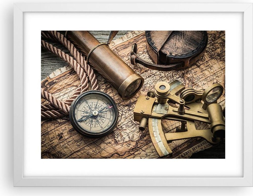 Gerahmtes Poster - Weißer Rahmen - Kompass Kompass Karte - 40x30 cm - Wand Bild - Wanddeko - Wandbilder - Kunstposter - Wandposter - Bilderrahmen ...