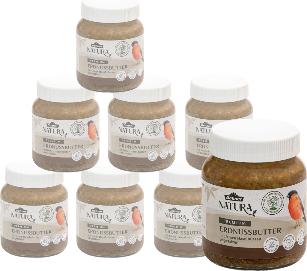 Dehner Natura Wildvogelfutter, Erdnussbutter im Glas, mit Haselnüssen, 8 x 340 g (2.72 kg)